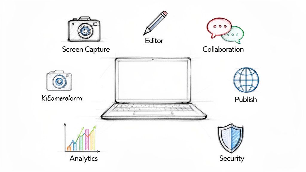A sketch-style image of a laptop surrounded by icons representing screen capture, editing, collaboration, publishing, analytics, and security features.