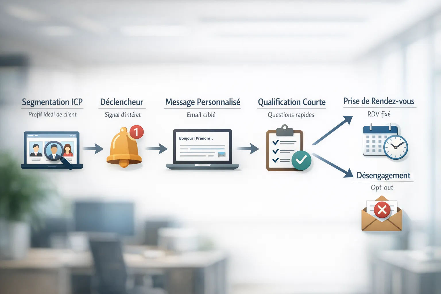 Illustration d’un flux de prospection automatisée non intrusive, montrant une segmentation ICP, un déclencheur, un message personnalisé, une qualification courte, puis deux sorties possibles: prise de rendez-vous ou désengagement (opt-out).