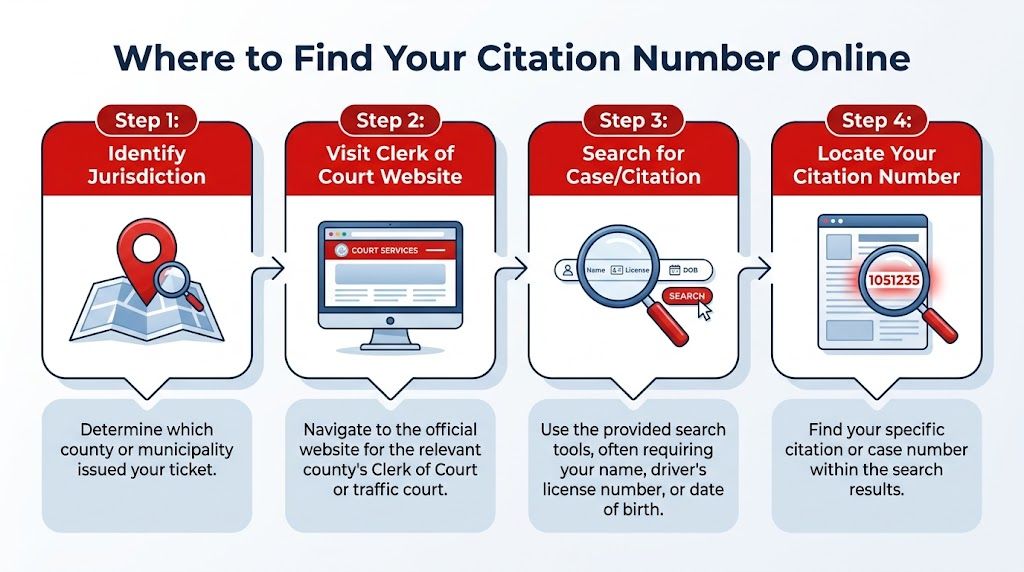 A four-step infographic illustrating how to look up a court citation number online via government websites.