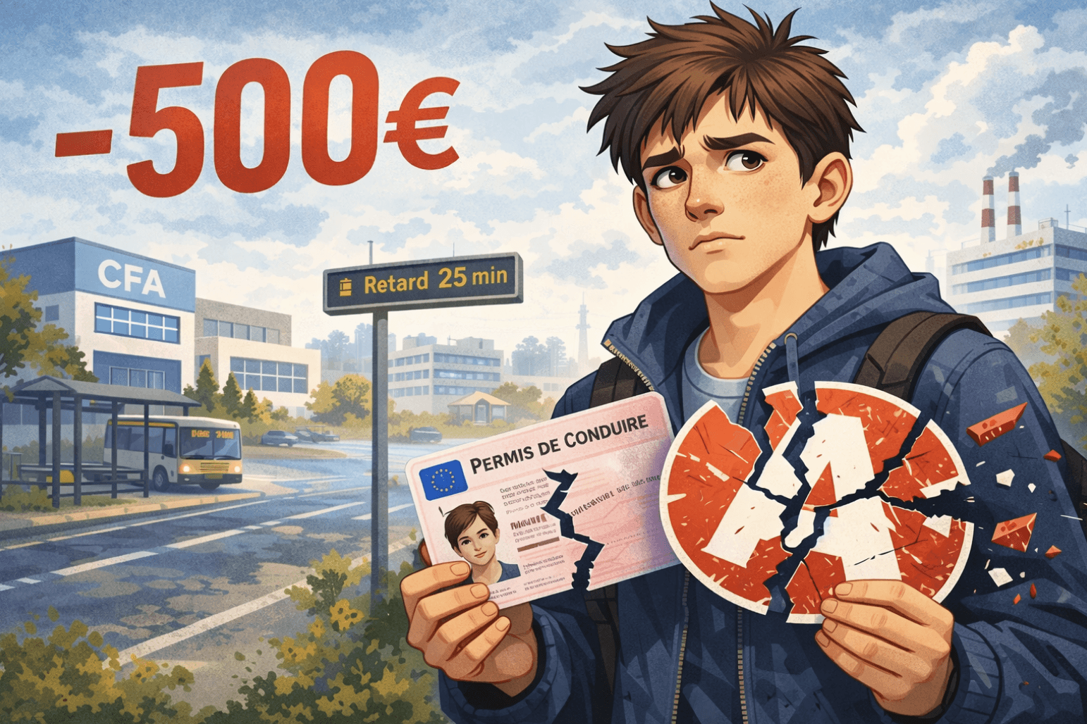 Jeune apprenti en alternance à un arrêt de bus près d’un CFA et d’une zone industrielle, tenant un permis de conduire français cassé et un disque A brisé, avec le texte « -500€ » illustrant la suppression de l’aide au permis pour les apprentis en 2026 et ses impacts sur la mobilité.