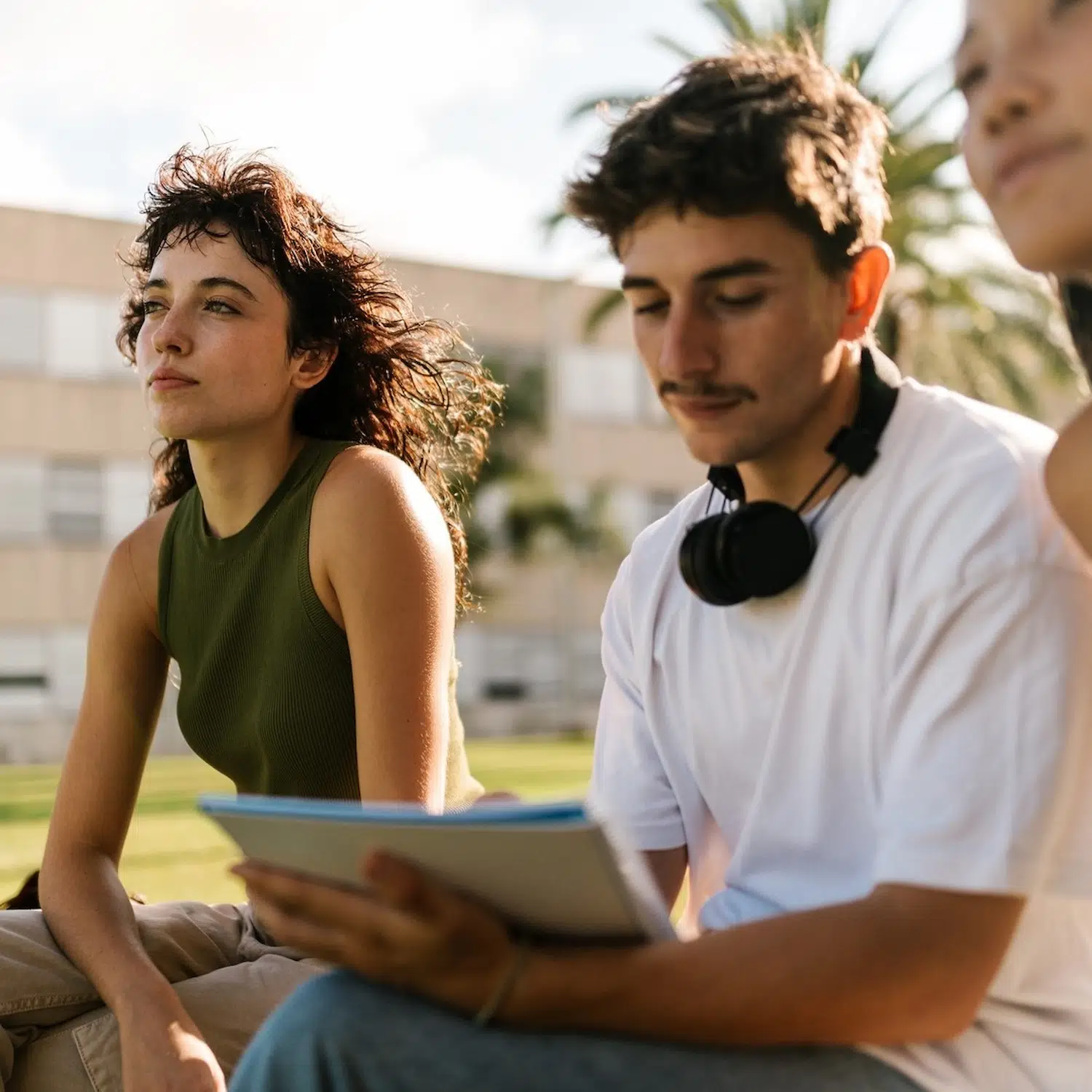 Three young adults sitting outdoors in Los Angeles during an anxiety therapy group session, focusing on mindfulness, connection, and emotional well-being.