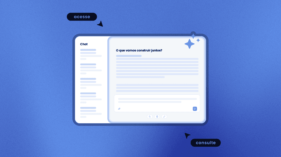 Interface "Chat" com diálogo em balões. Destaques: acesse e consulte.