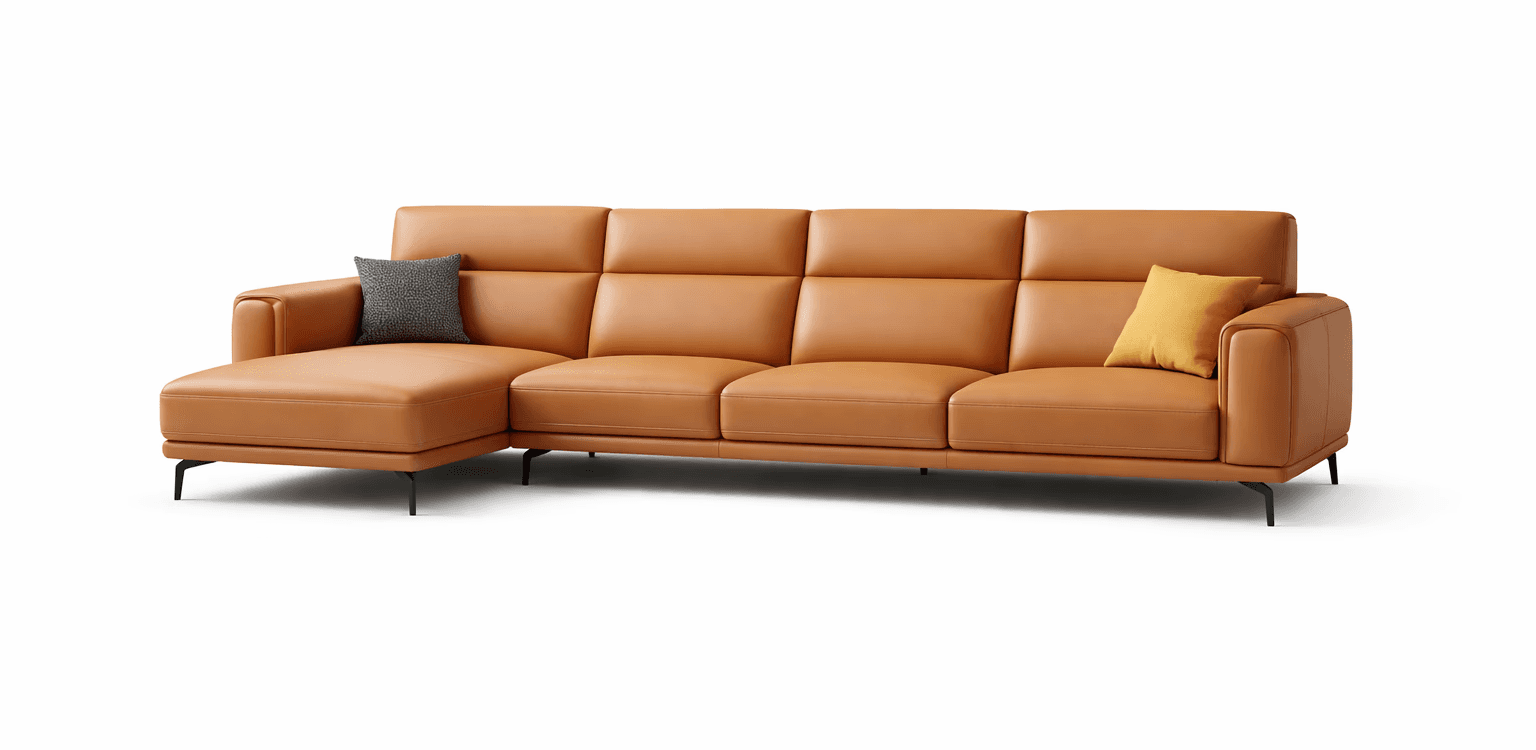 Tan upholstered sofa with sleek arms and refined modern silhouette