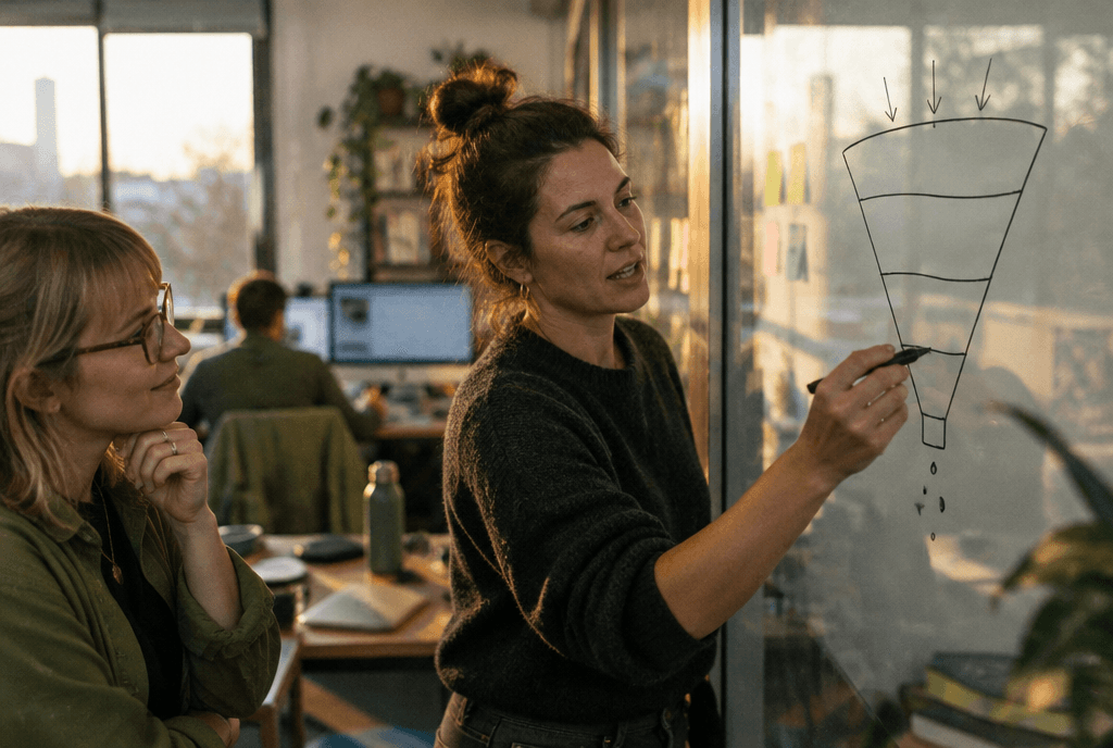 Growth marketer drawing a wide funnel on a glass wall with only a few dots reaching the bottom