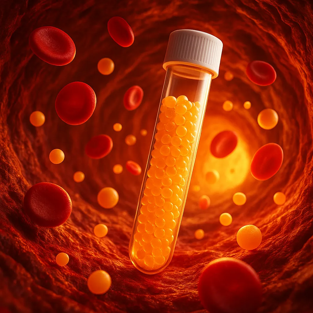 Triglycerides - 3D visualization of triglycerides as glowing orange droplets in a blood vessel around a test tube
