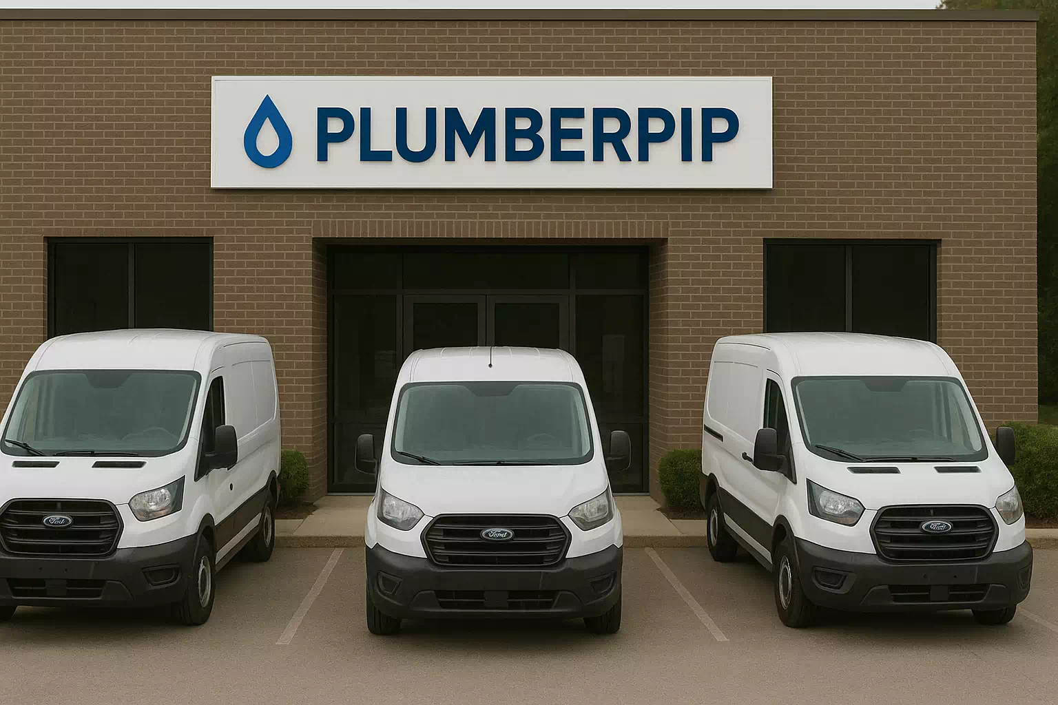 Front view of Plumberpip’s main office with three service vans parked and ready for client appointments.
