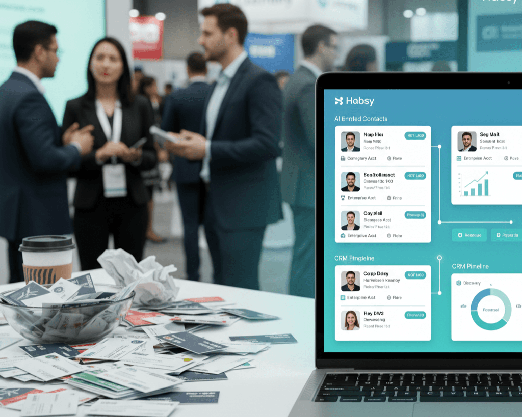 Busy trade show booth with scattered business cards transforming into organized using Habsy Dashboard 