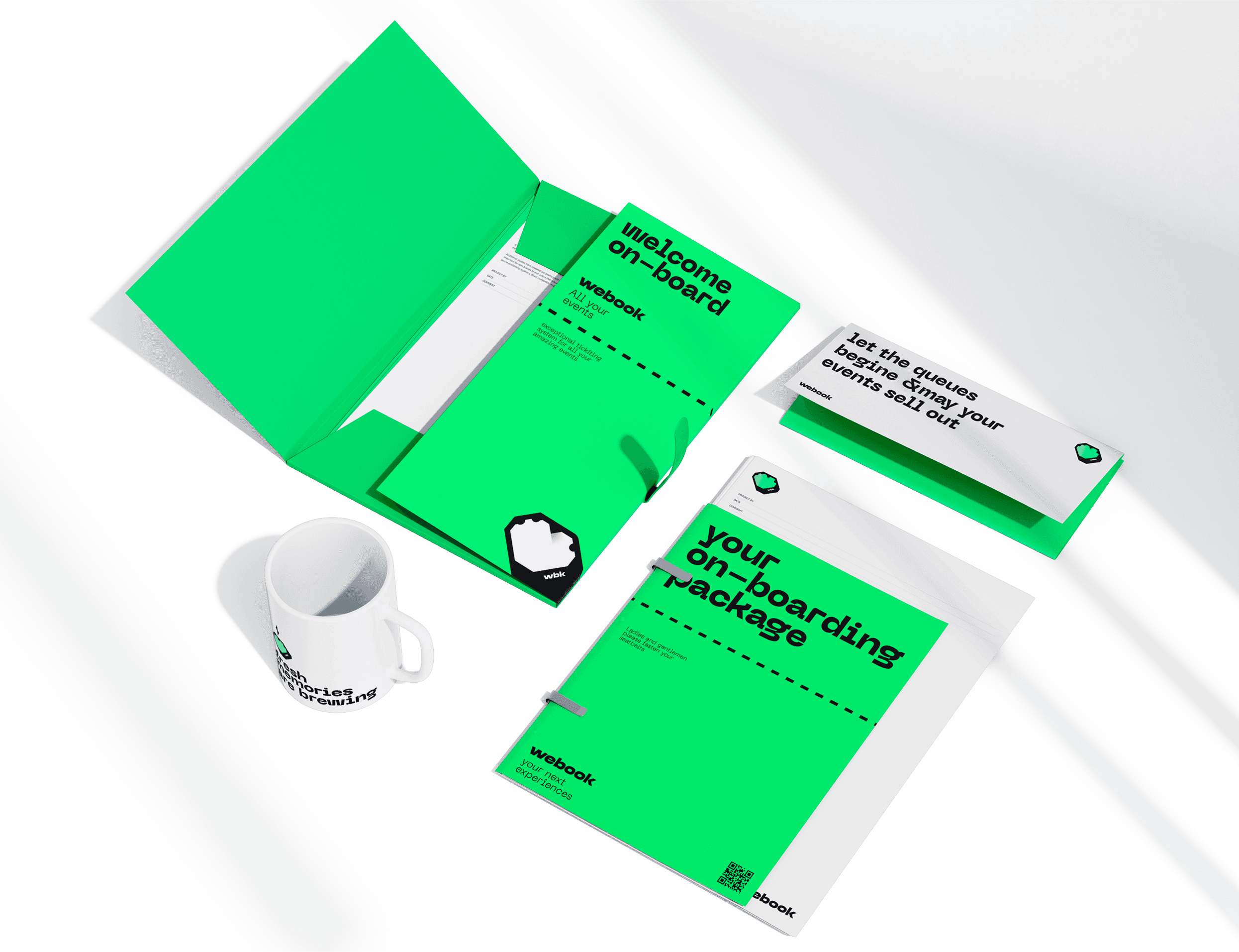 Webook rebrand onboarding kit — green branded welcome folder, onboarding package booklet, branded mug, envelope, and sticker with pixel heart logo in flat lay arrangement — corporate brand collateral design by Makers' Studio