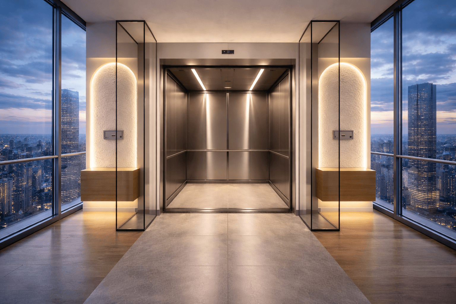 modern stainless steel elevator cabin with sleek lighting and city view