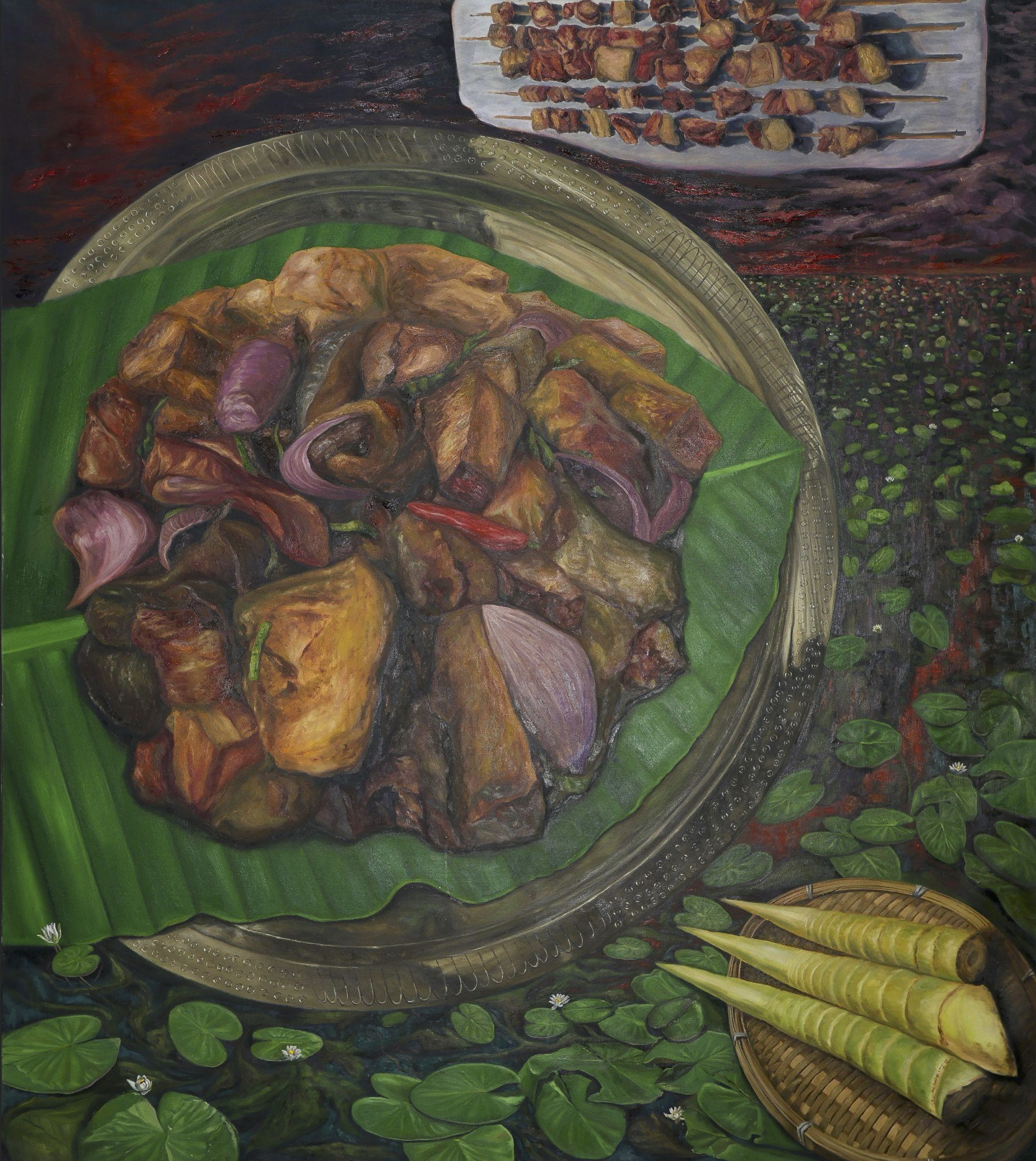 herd of sheep on road painting