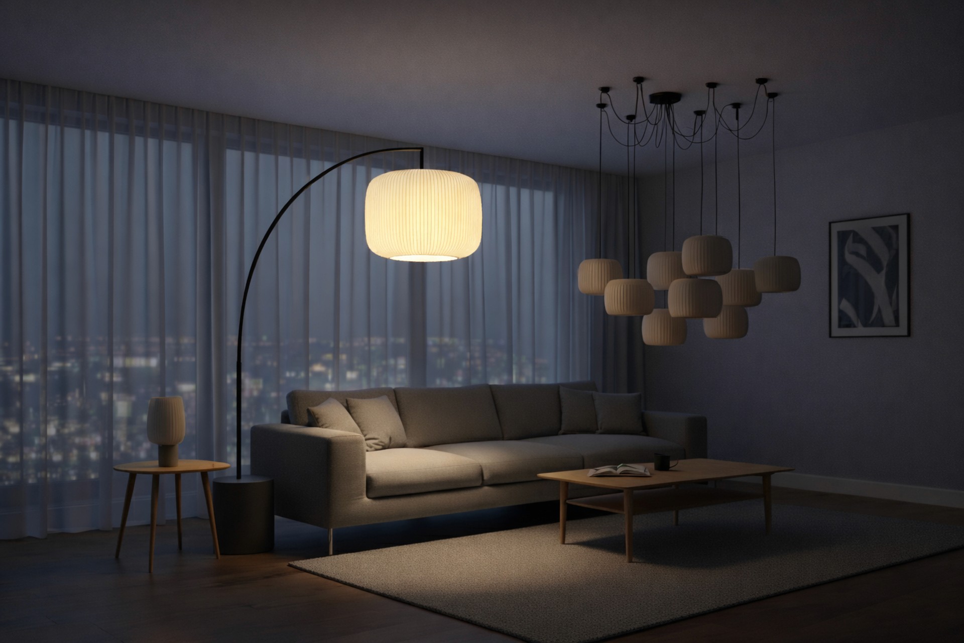 Glowing arched floor lamp illuminating a living room at night.