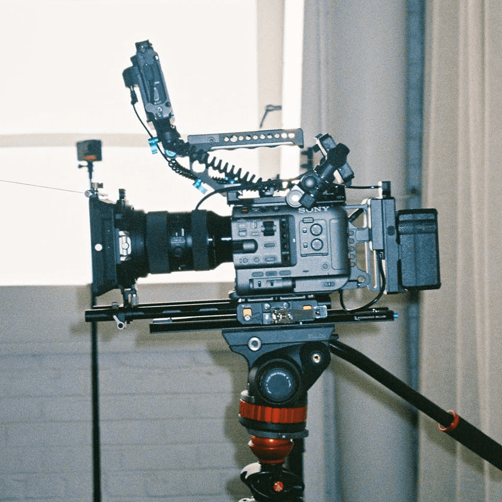 A fully rigged out Sony FX6 on a tripod