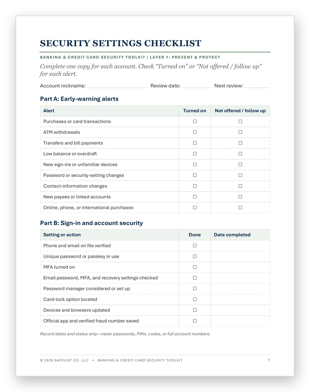 Sample page: Security Settings Checklist with account alerts and sign-in protections to turn on
