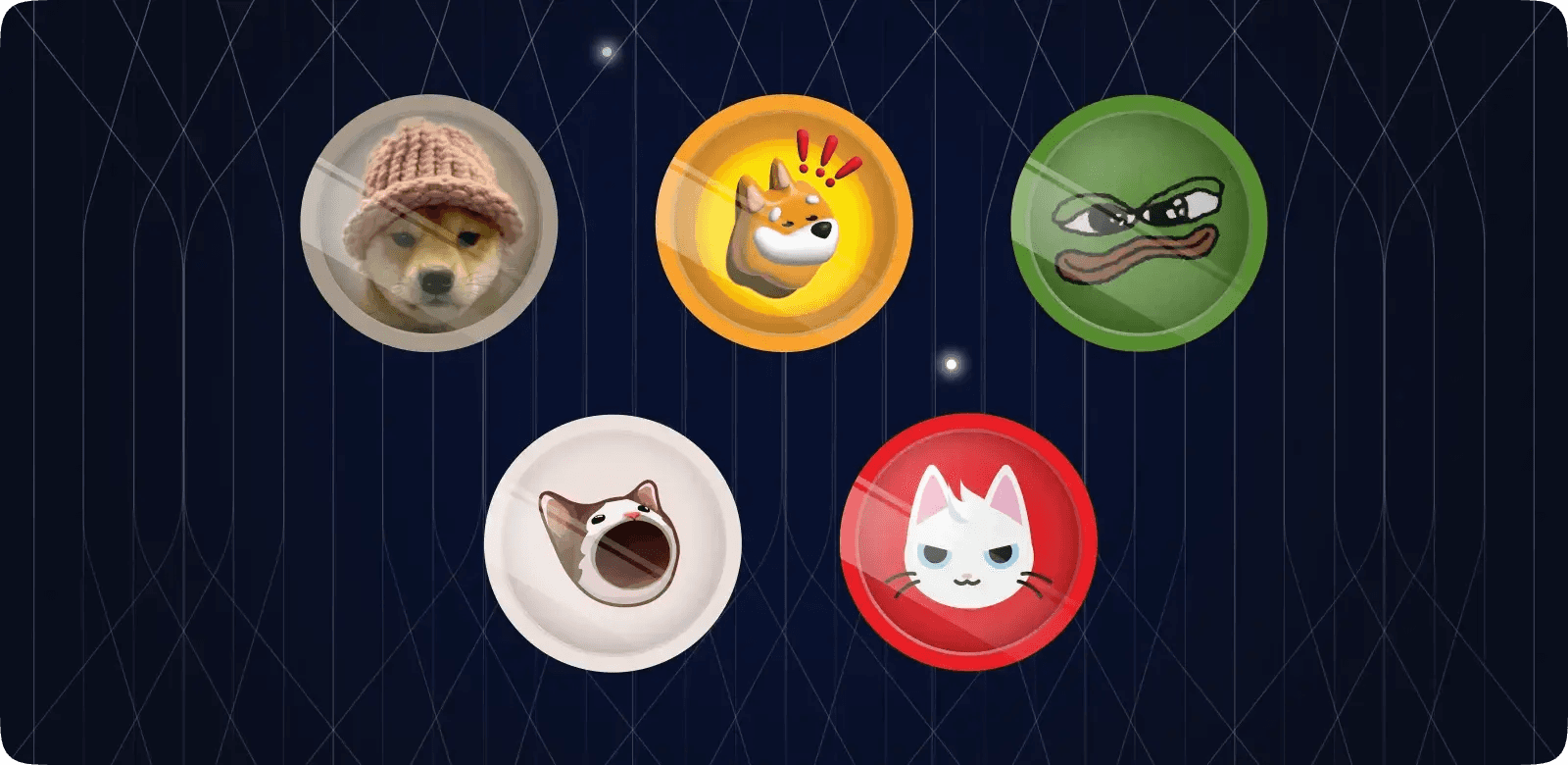 Five internet meme character circle icons - How to Buy Memecoins on Solana