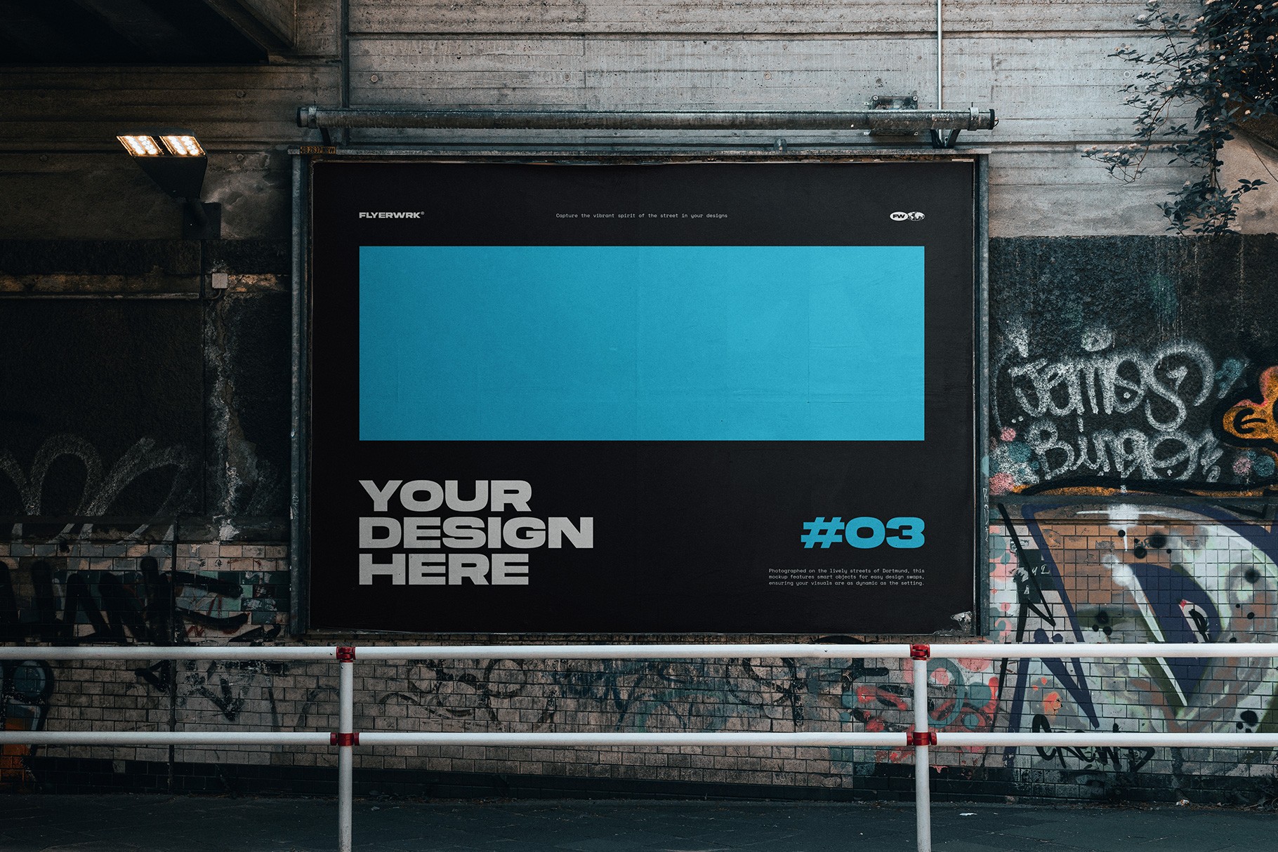 Urban billboard mockup displaying poster design on graffiti wall in daylight