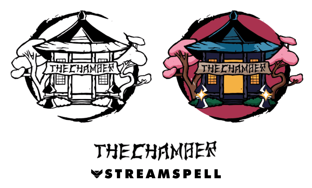 TheChamberTCG custom logo development showing monochrome and color Japanese dojo concepts with brush-style lettering and StreamSpell branding