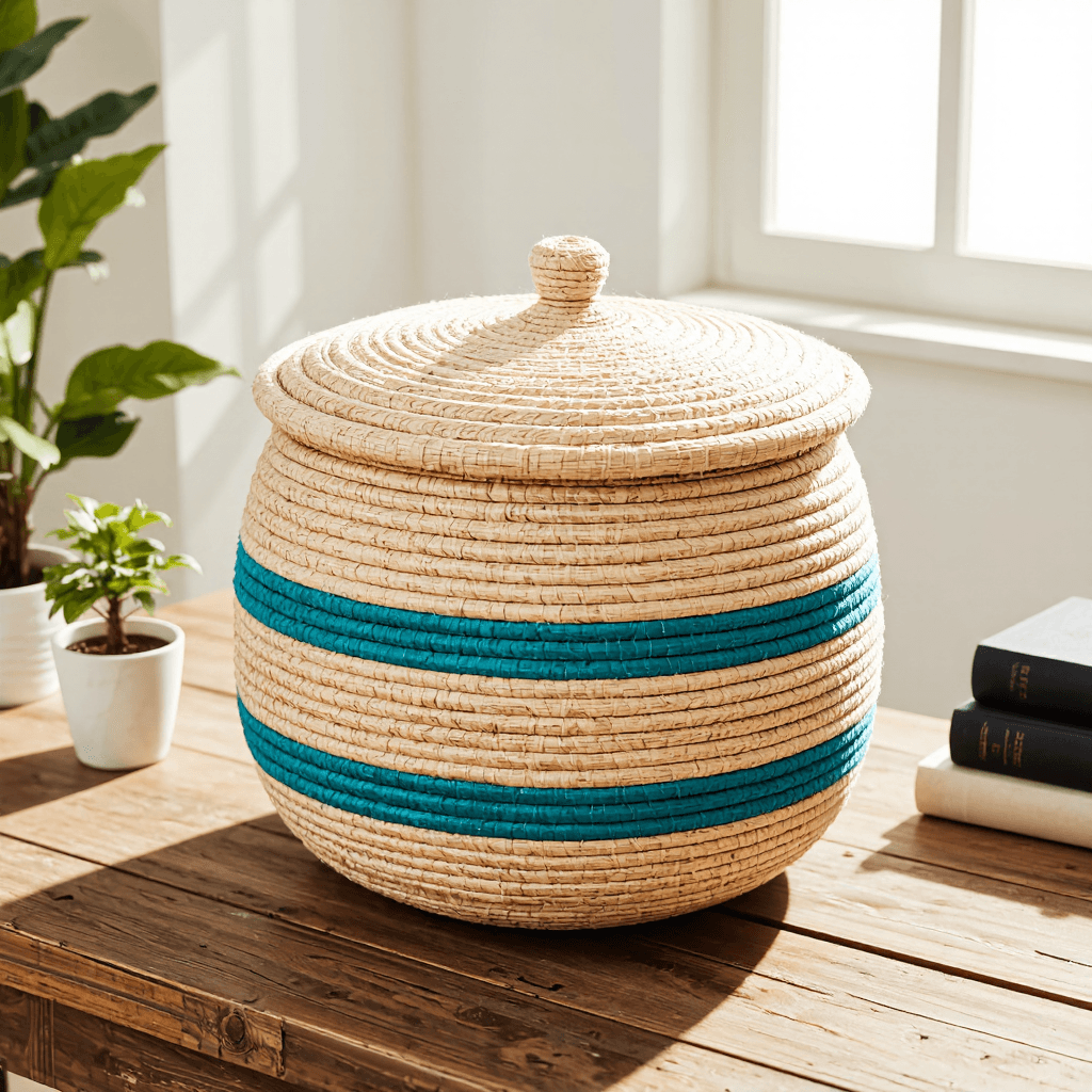 product photography of a woven storage basket with a lid, used for organizing items