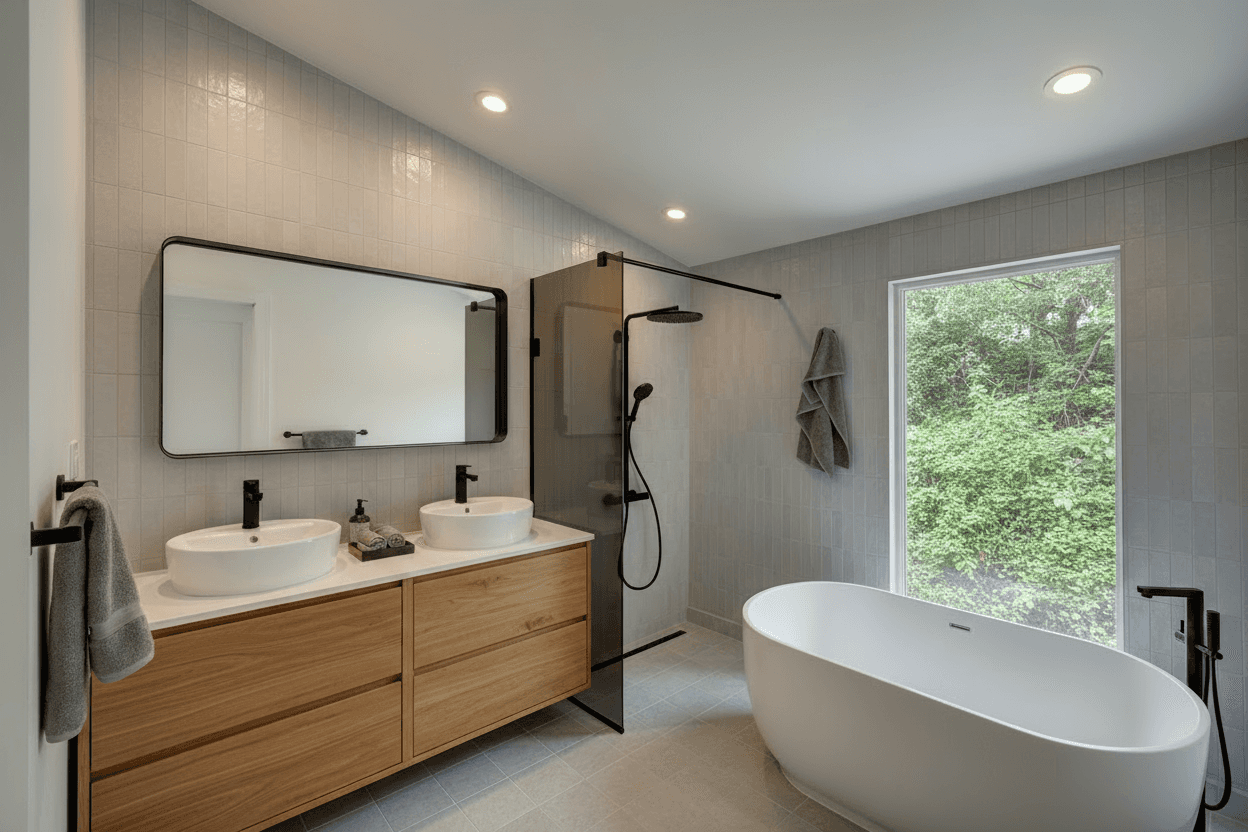 Modern-bathroom-bathtub-sloped-ceiling-double vanity-mava-melrose-freestanding