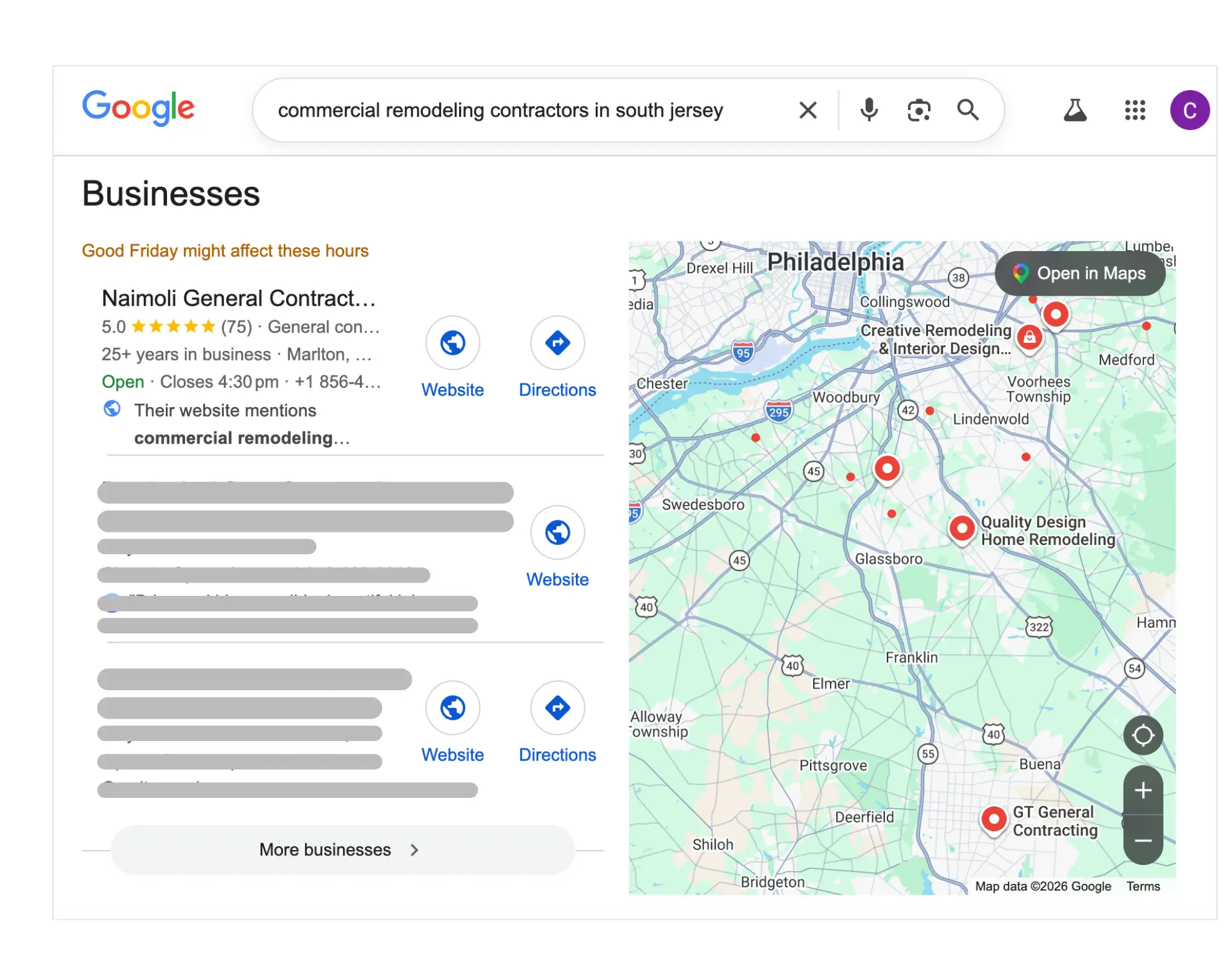 SERP results highlighting Naimoli General Contractors for commercial remodeling services