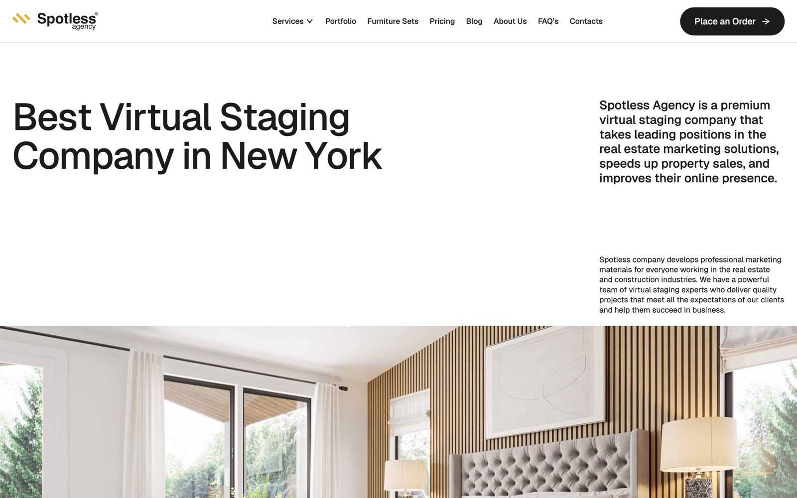 Text "Best Virtual Staging Company in New York" on a clean layout. Image of a staged room with large windows and modern decor.