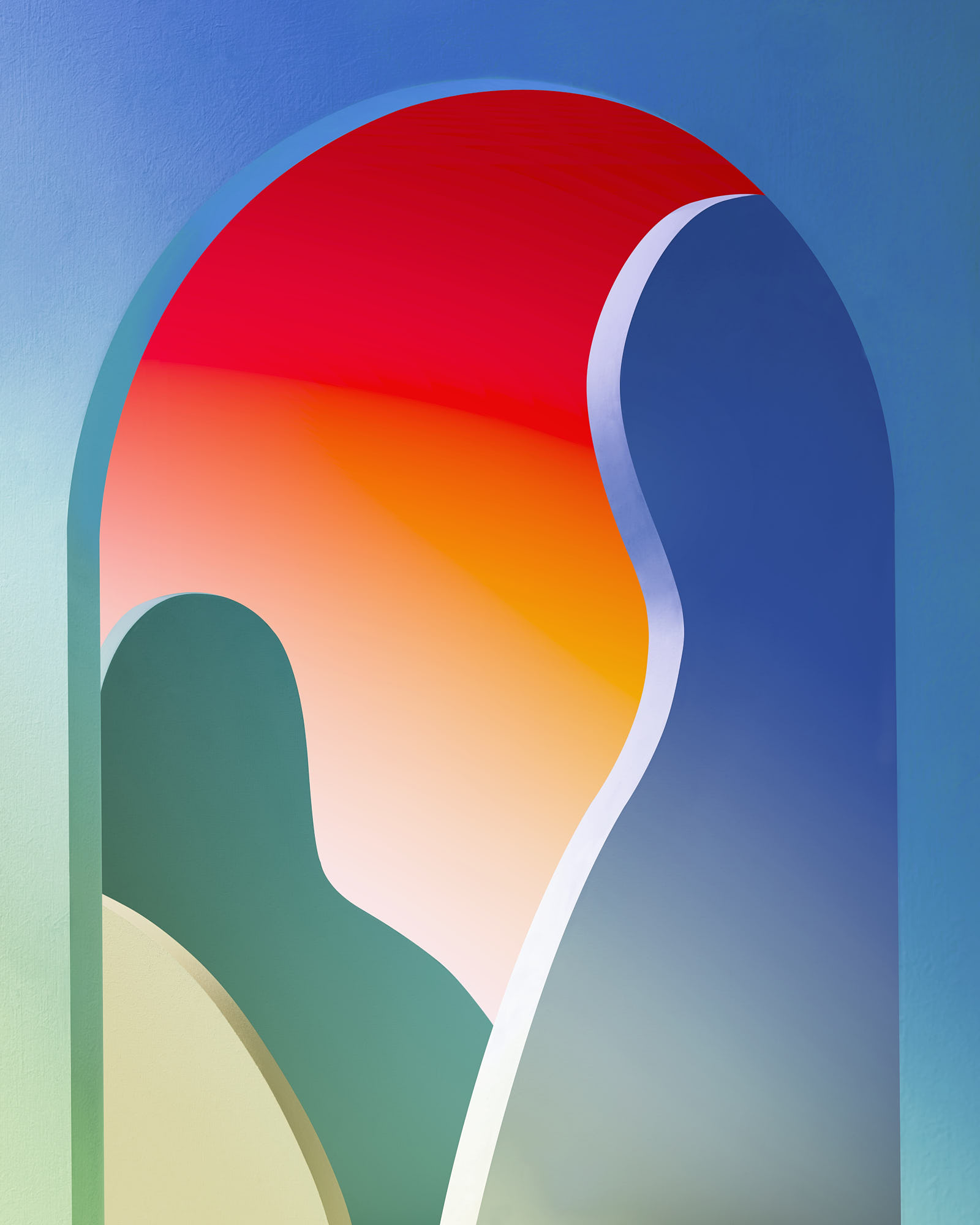 Abstract colorful arch artwork with gradient shades of red, blue, and green.
