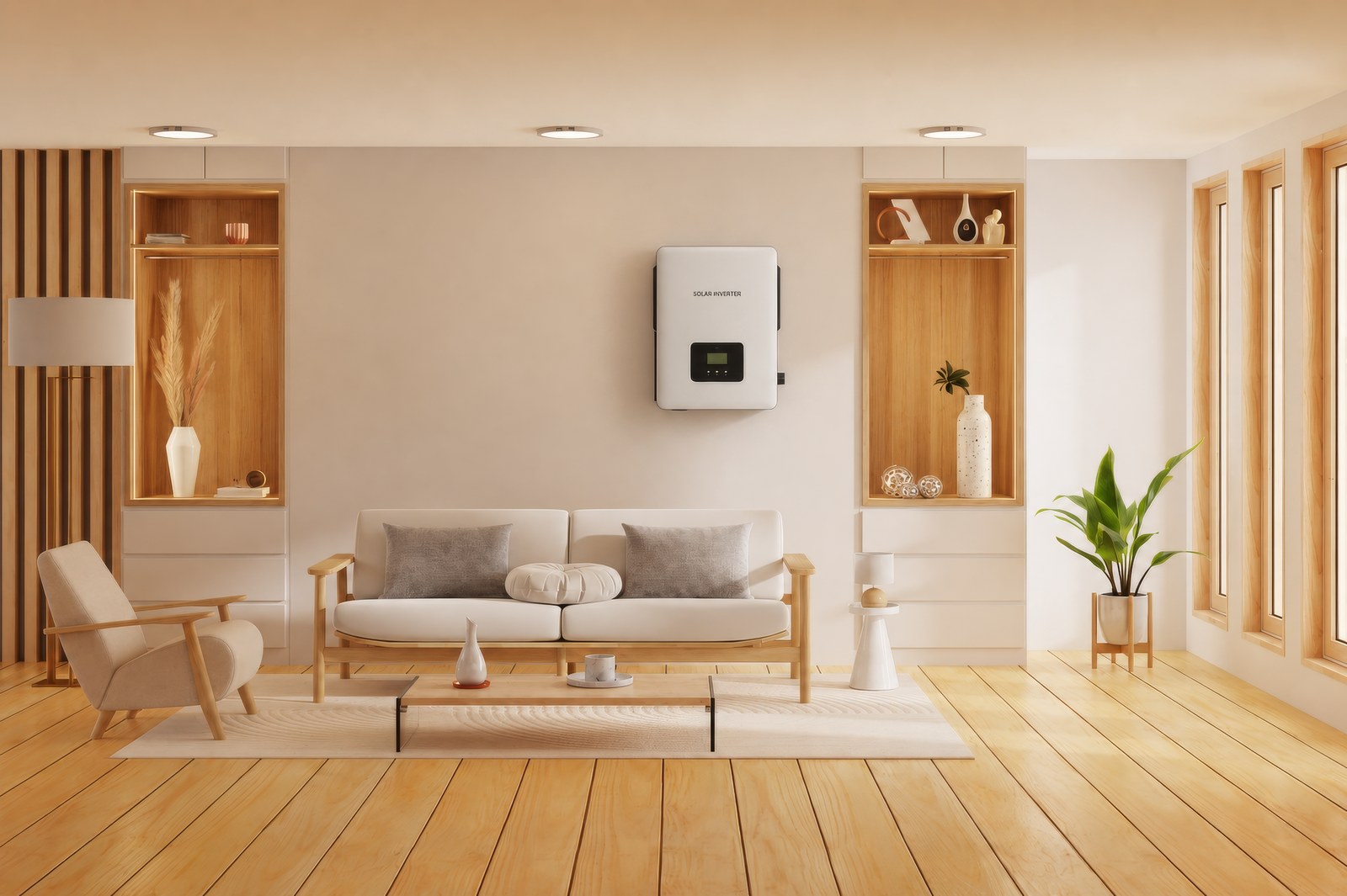 Living room with a wall-mounted home battery and inverter