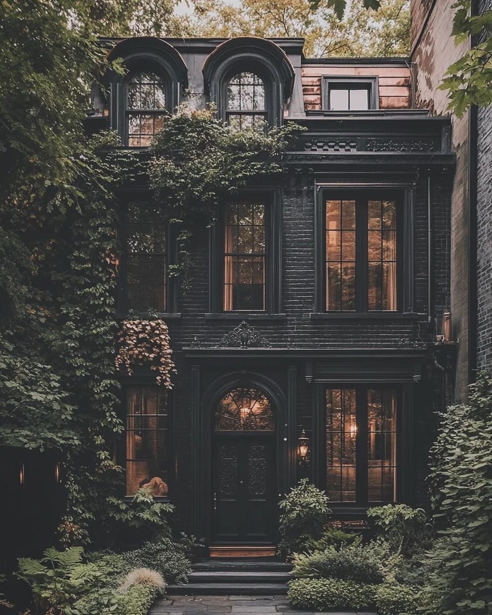 Dark brick townhouse framed by dense greenery and warm window light.