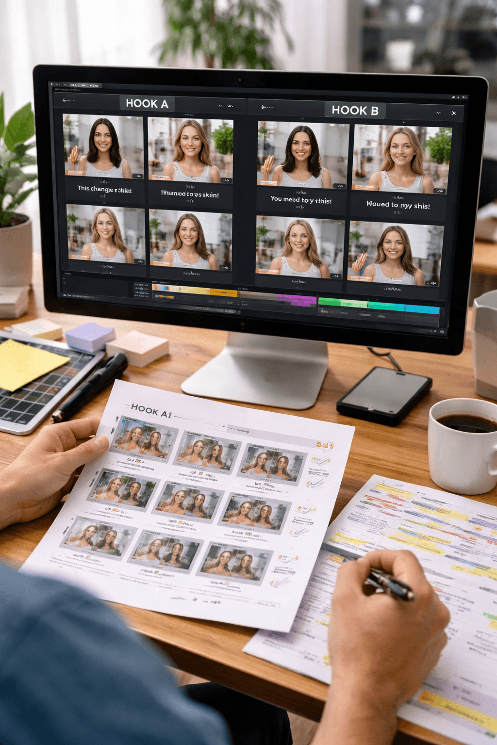 Young woman with short, dark hair and a yellow sweater looks serious, surrounded by hands holding smartphones, conveying intrusion and tension.
