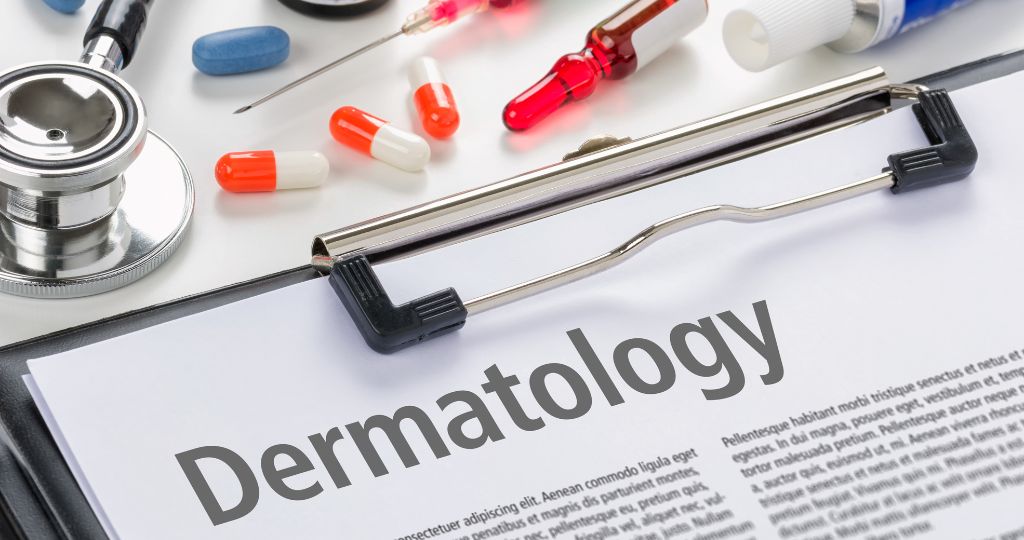 Dermatology document on a clipboard surrounded by medical tools, pills, and syringes