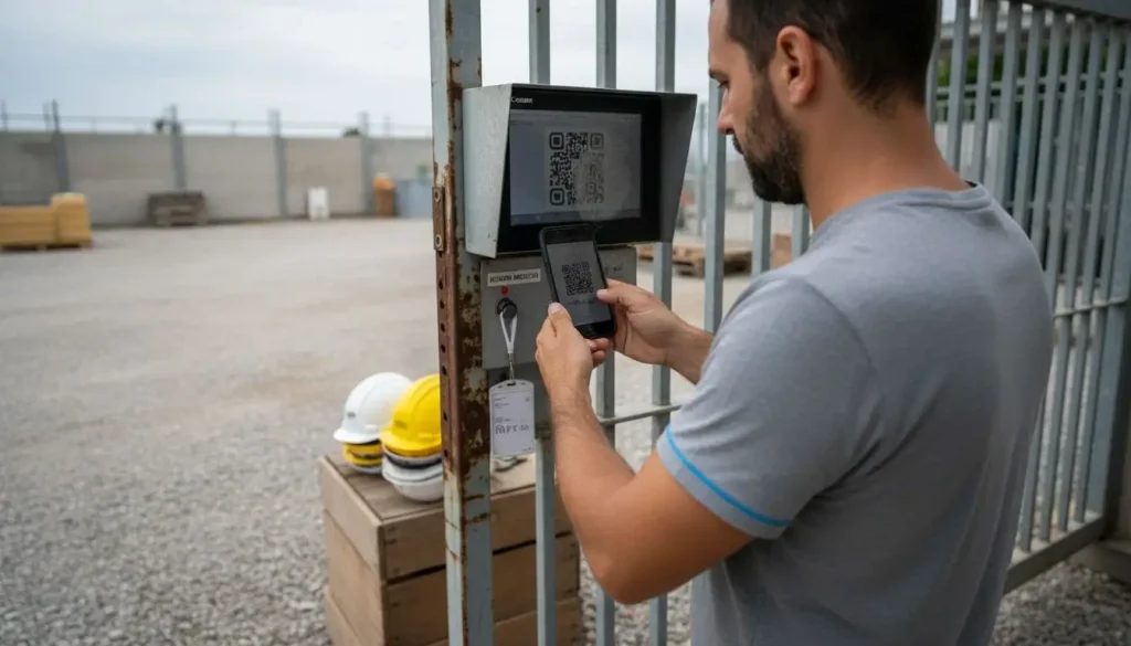 Un operaio effettua la registrazione digitale dell’ingresso in cantiere
