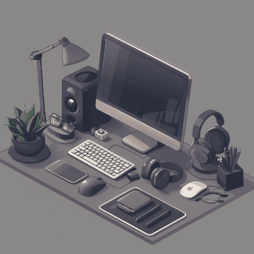 3D Model eines Schreibtischens, mit diversen 3D Animationen was auf einem Schreibtisch zu finden ist, wie Computer, Kopfhörer, Hany usw.