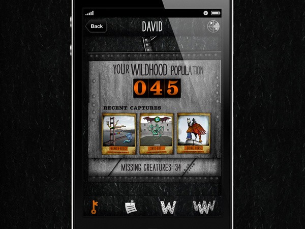 A smartphone screen displays a game interface titled “YOUR WILDHOOD POPULATION” with the current score of 45. The interface shows “RECENT CAPTURES” with three images: “FINER RODE”, “SNAIL ALIEN”, and “BIRD BARE”. Below, the text “MISSING CREATURES: 34” indicates a challenge to find 34 missing creatures. The bottom of the screen includes standard smartphone icons: a key, a document icon, a W, and a WW icon.