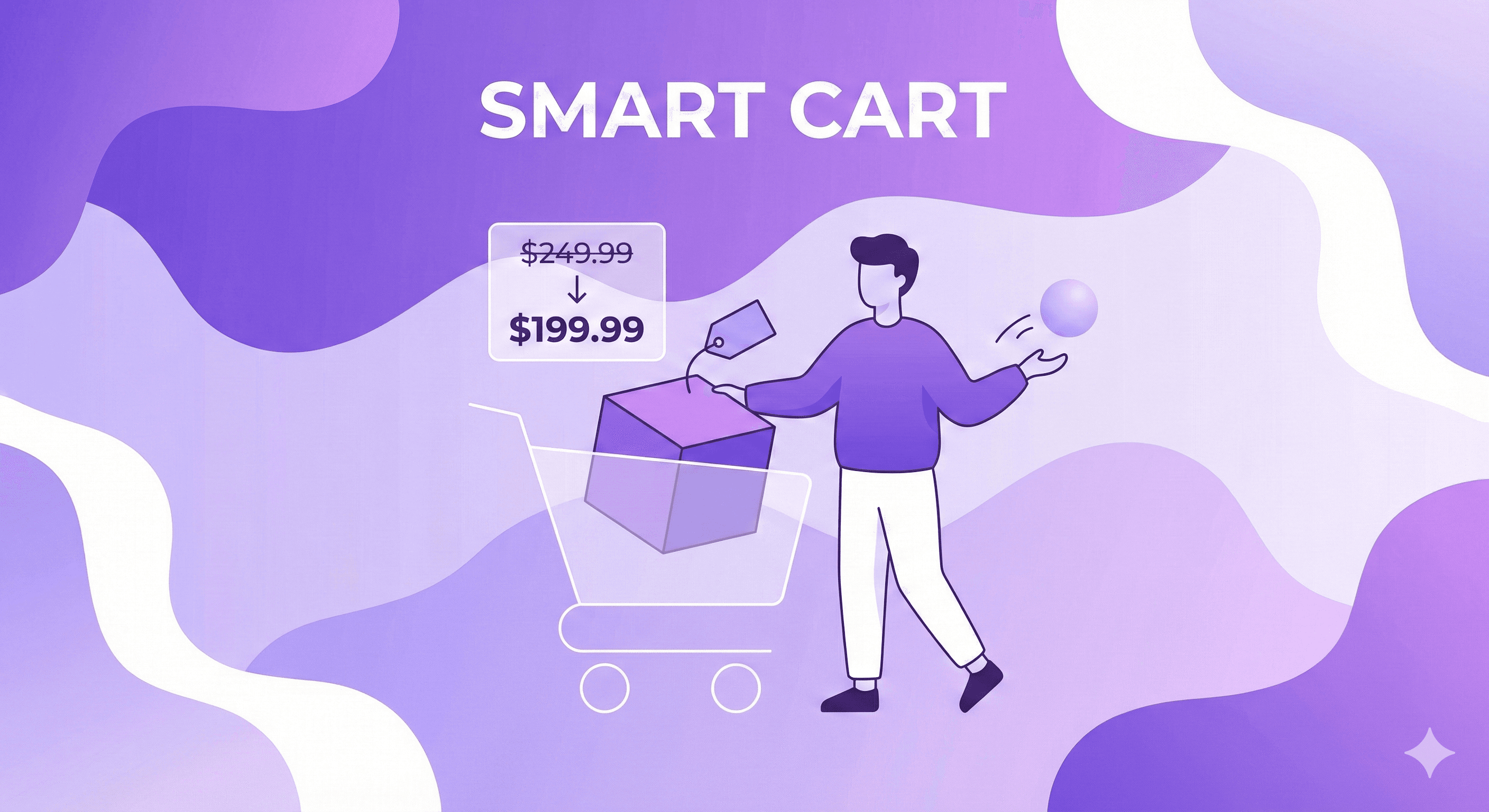 A flat vector illustration in purple and white with the text "SMART CART". A person stands next to a shopping cart, placing a large item inside while tossing a smaller sphere. A price tag shows the total changing from "$249.99" to "$199.99" with a downward arrow. The background is a pattern of soft, wavy fluid shapes.
