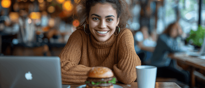Happy developer with a laptop and burger