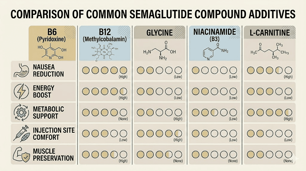 Semaglutide compound additives comparison chart pyridoxine B6 vs B12 vs glycine