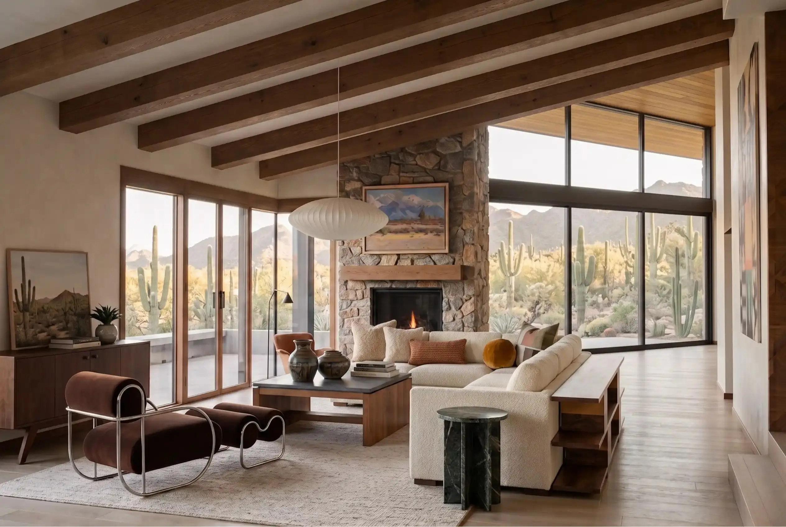Calm neutral bedroom with textured wall, low wood bed, cozy throw blanket, and natural light from glass doors.