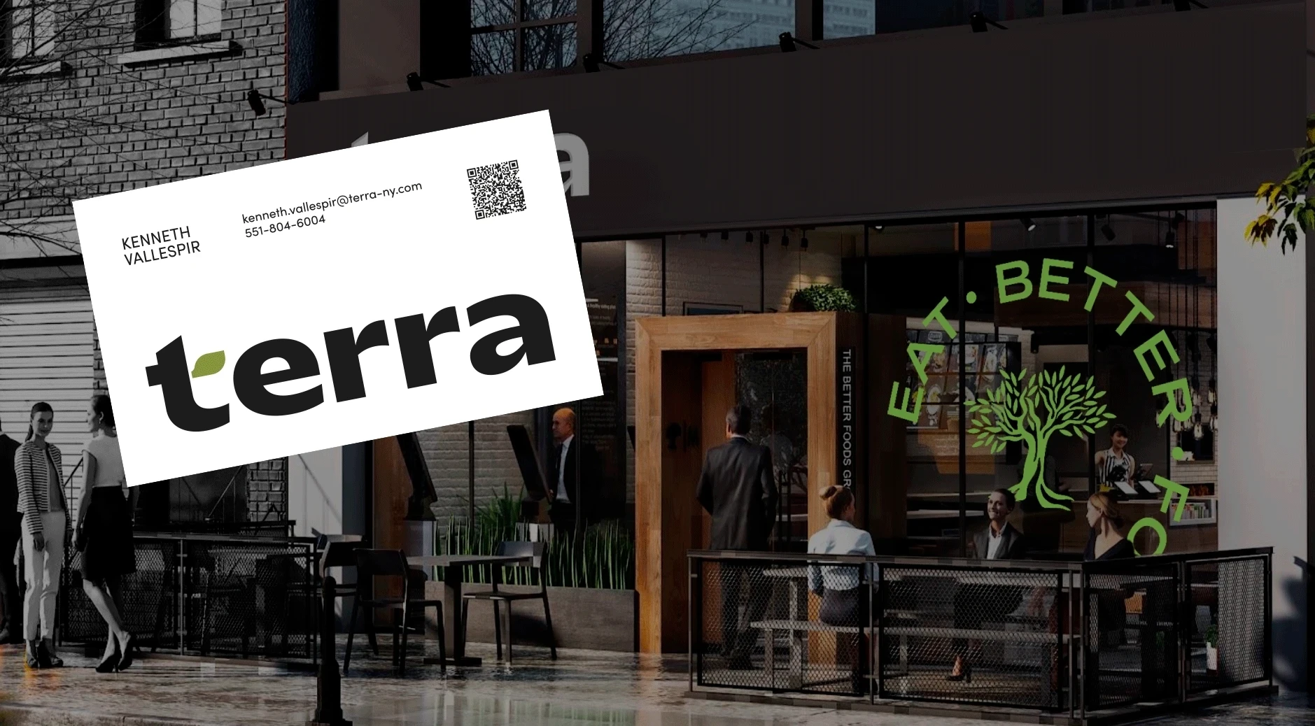 Terra fast-casual restaurant branding across storefront, packaging and digital touchpoints