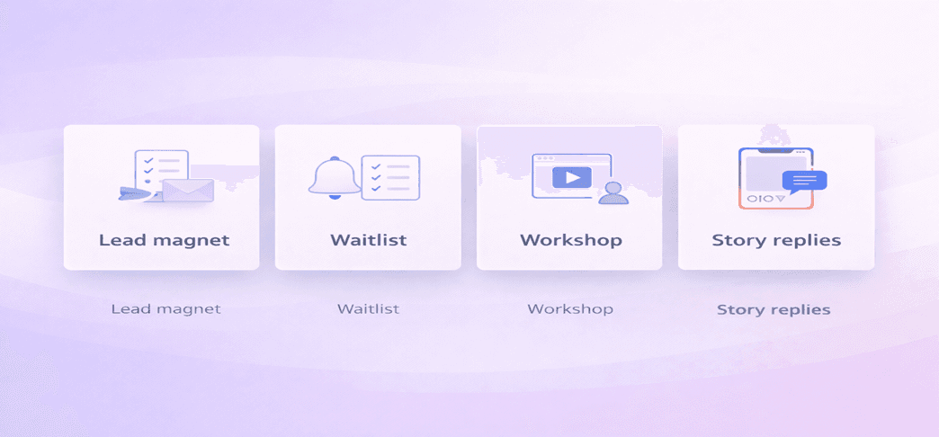 Use-case banner showing email capture through Instagram DMs for lead magnets, waitlists, workshops, and story replies