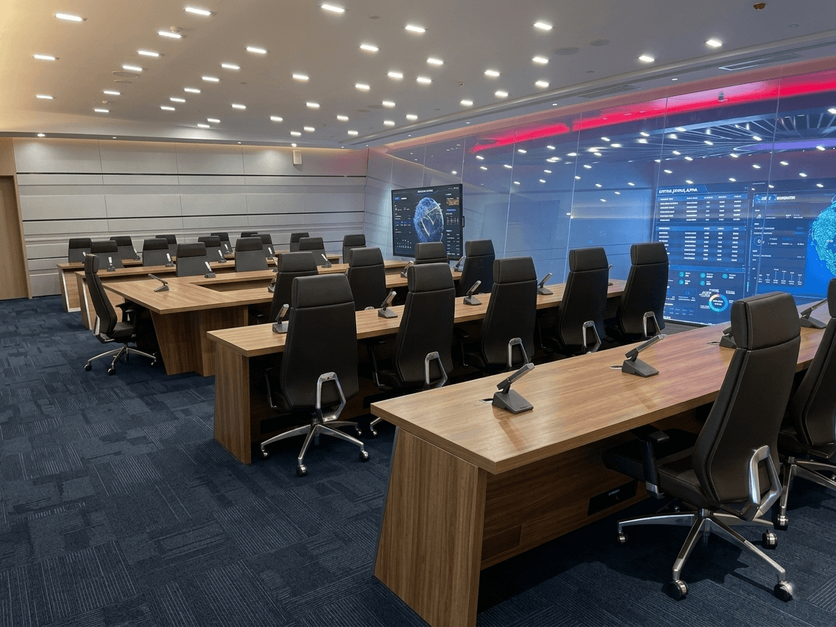 High-back P33A ergonomic office chairs in a modern conference room with wooden desks, integrated microphones, and digital command center displays.