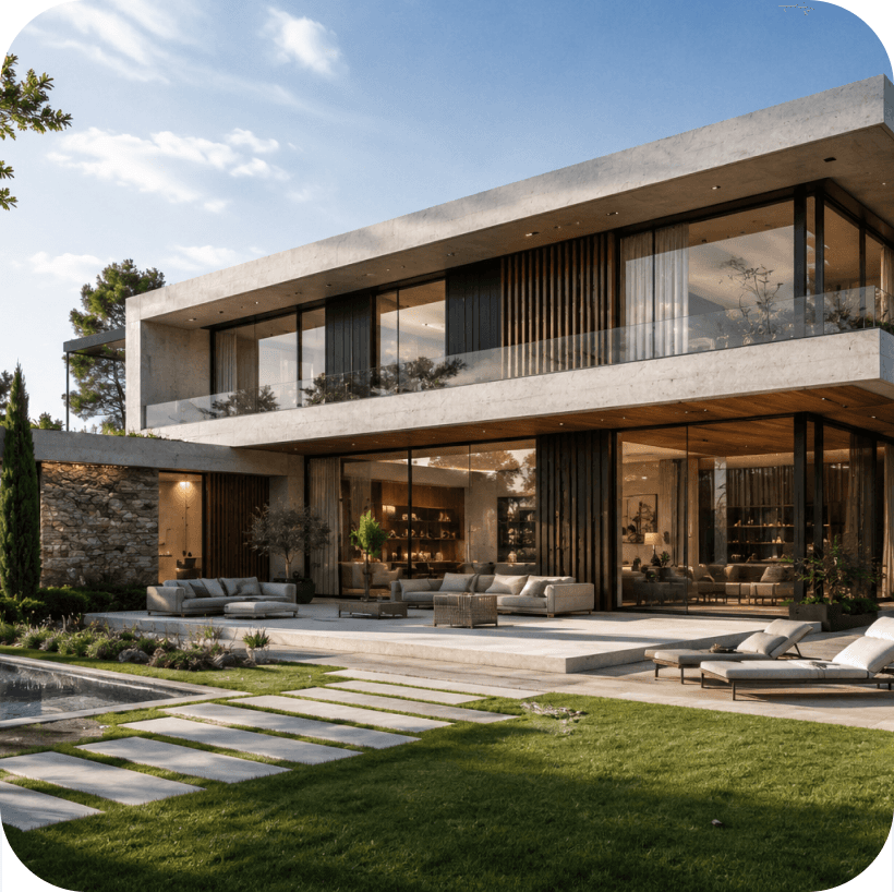 Modern concrete and glass villa with landscaped garden and pool