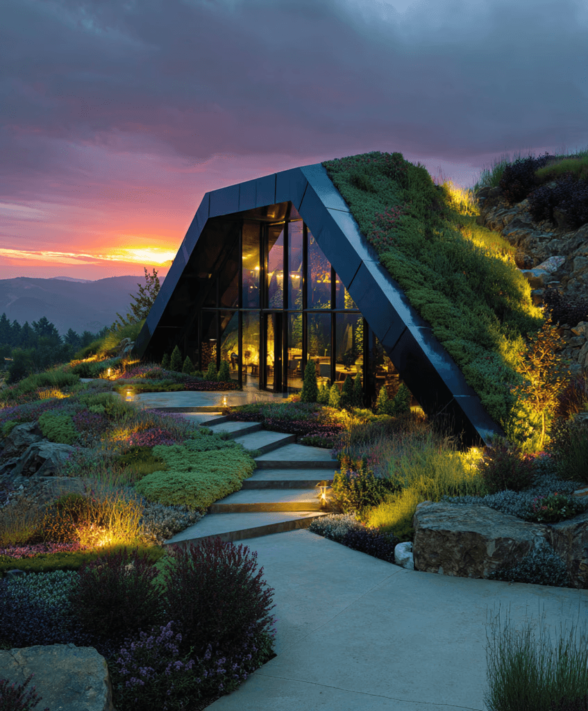 Angular glass structure with green roof nestled in mountain landscape.