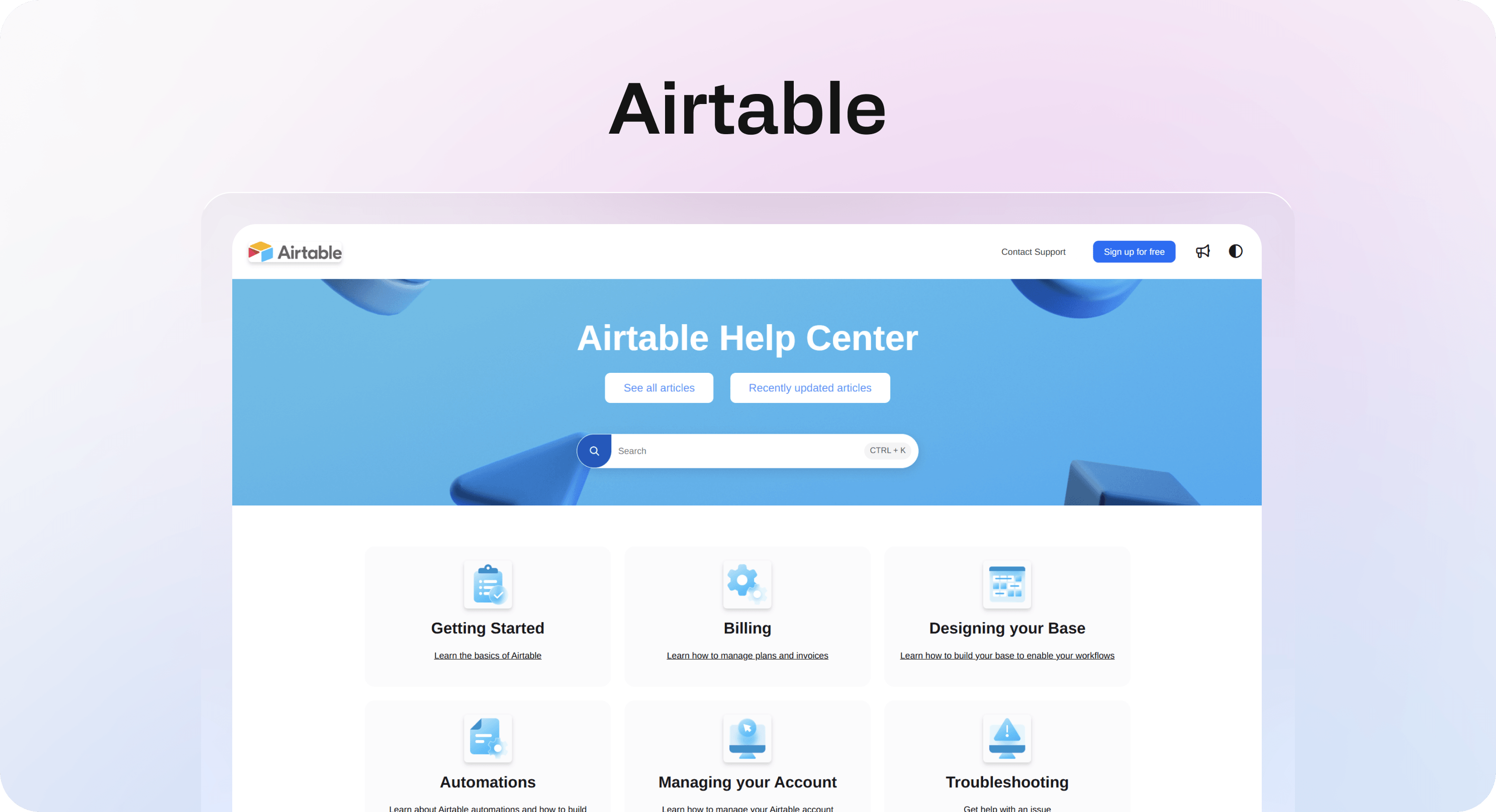 Airtable Help Center homepage with search, article shortcuts, and category cards.
