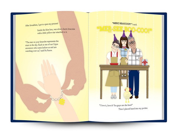 An open book displays two pages. The left page shows a hand with a yellow star bracelet and a quote: “After breakfast, I got to open my present! Inside the blue box, was silver charm bracelet with a little yellow star attached to it.” The right page features an illustration of three cartoon characters—a man in a checkered shirt, a woman in a brown apron, and a child with a yellow chicken—standing around a table with a small red object. A quote reads, “I love it, love it! ‘You guys are the best!’ Then I placed hand into my pocket.”
