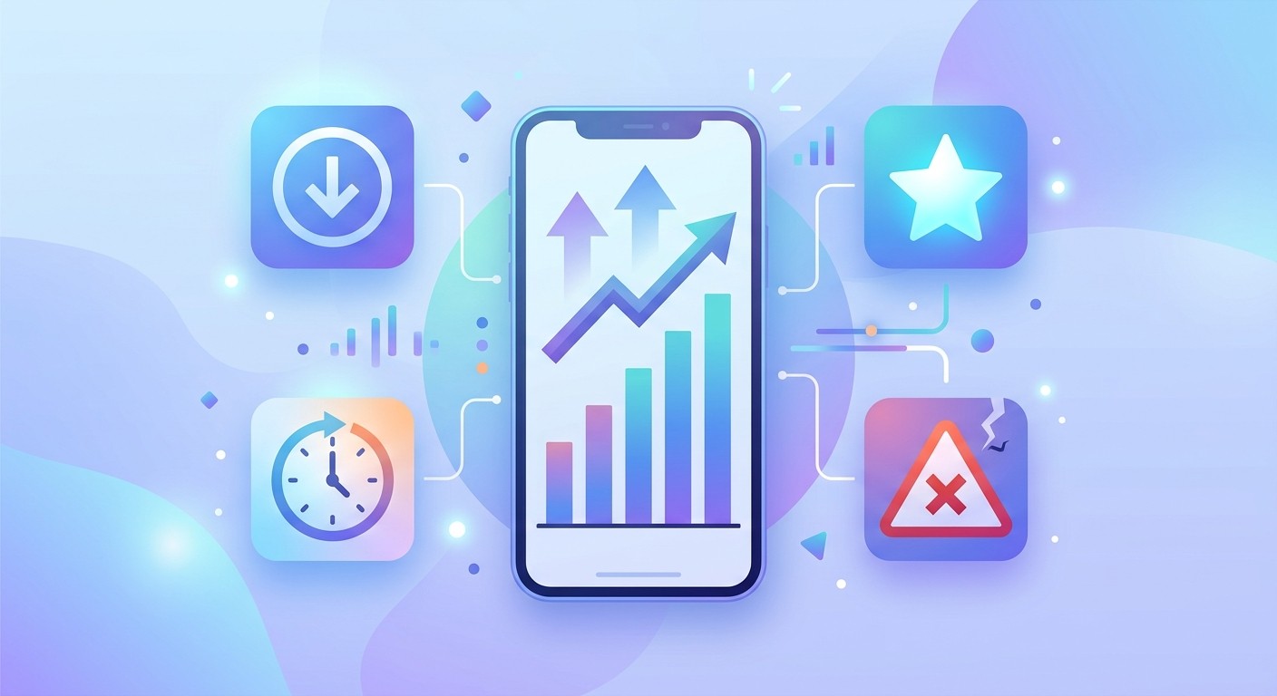 App ranking factors illustrated: download velocity, star ratings, retention time, and crash warnings around a rising chart