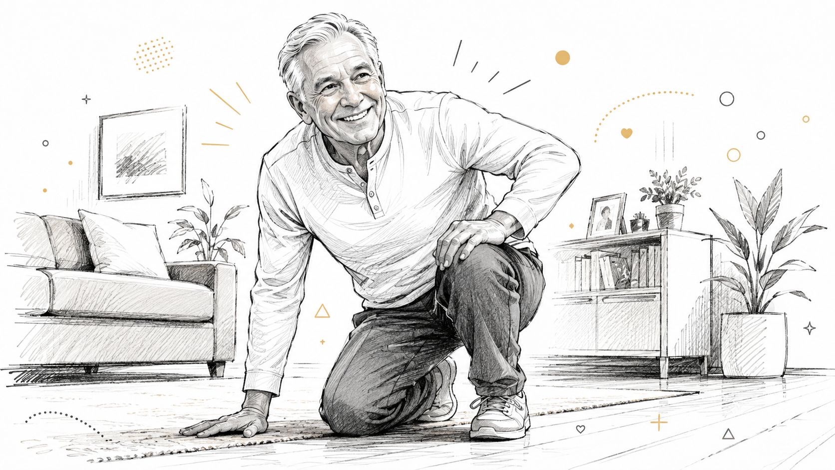 A cheerful senior man performing a low lunge exercise in a bright and cozy living room.