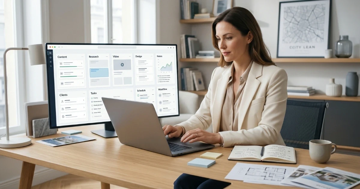 A real estate agent using free AI technology on a laptop to streamline marketing tasks.