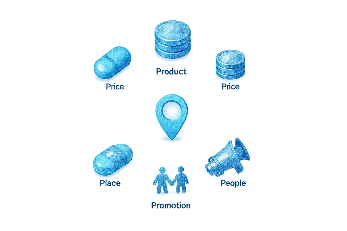 A graphic illustrating the 5 P's of marketing: Product, Price, Place, Promotion, and People, with icons for each.