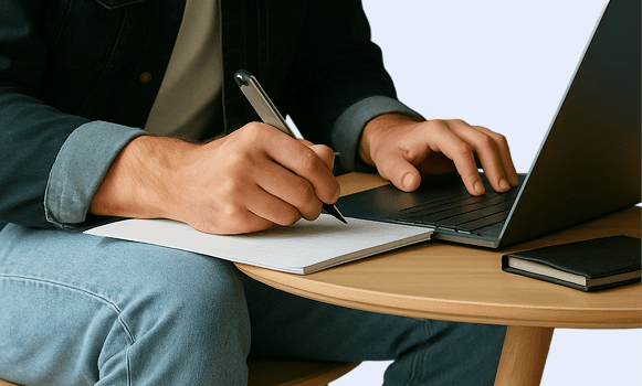 Férfi egy asztalnál ül egy laptoppal és éppen egy jegyzetfüzetbe ír.