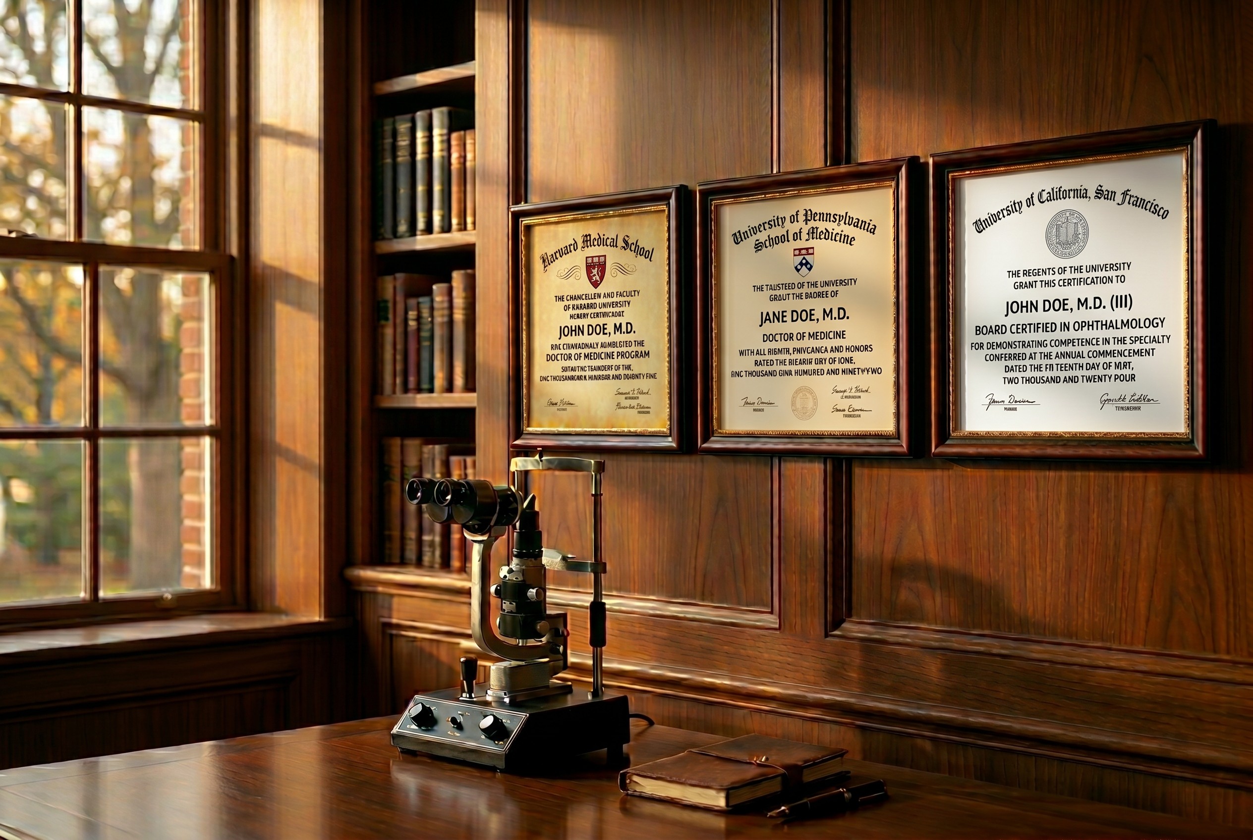 Three medical diplomas from different decades with same last name hanging on wood-paneled office wall above desk with slit lamp in warm golden hour light