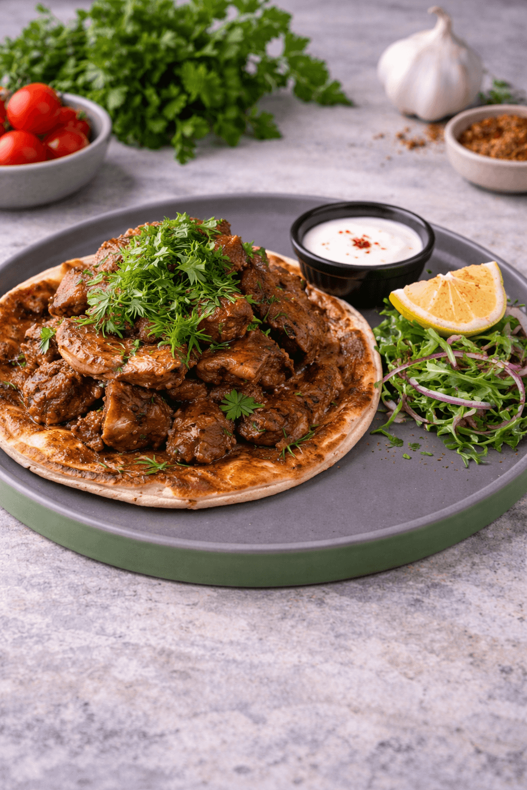 A gourmet plate featuring a golden-brown, breaded chicken cordon bleu or roulade, sliced to reveal a yellow filling, served with a creamy sauce, roasted potato wedges, and a side of fresh salad greens on a wooden table.